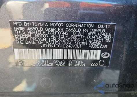 2011 Lexus Es 350 z USA, uszkodzony, nr VIN JTHBK1EG1B2469781